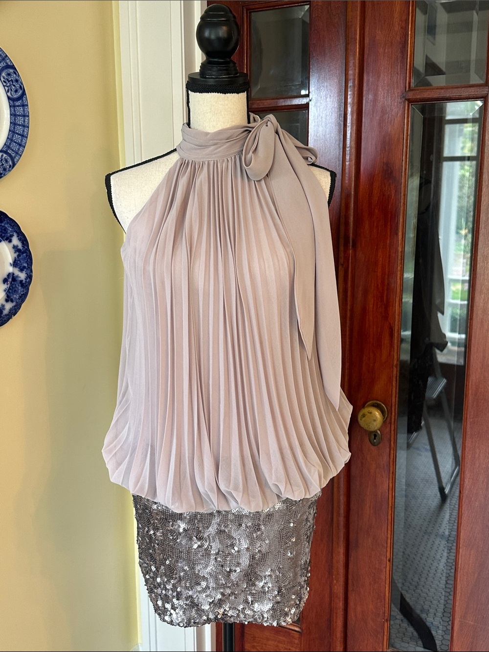 Caché | Vintage Pleated Halter Neck Mini Dress Sequin Skirt Taupe, Size XS